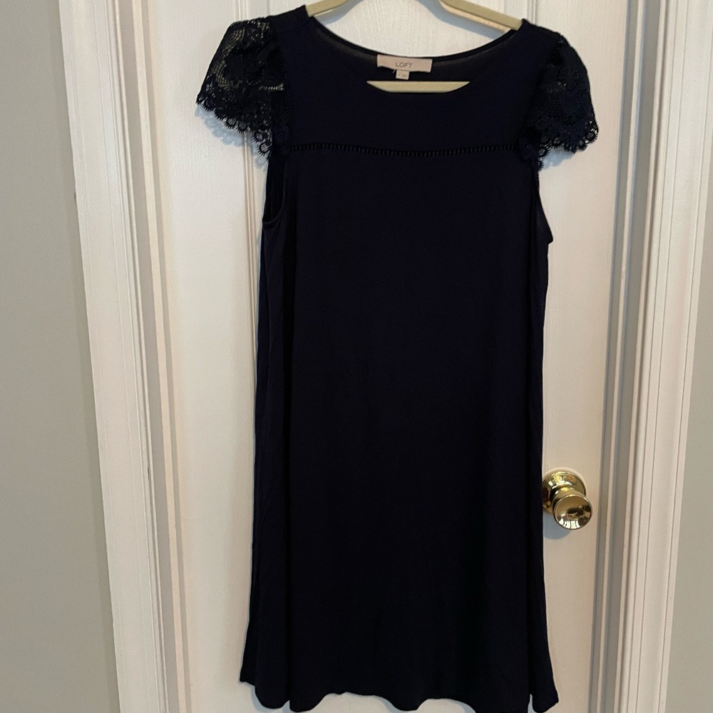 Navy Flowy Crochet Short Sleeve Dress